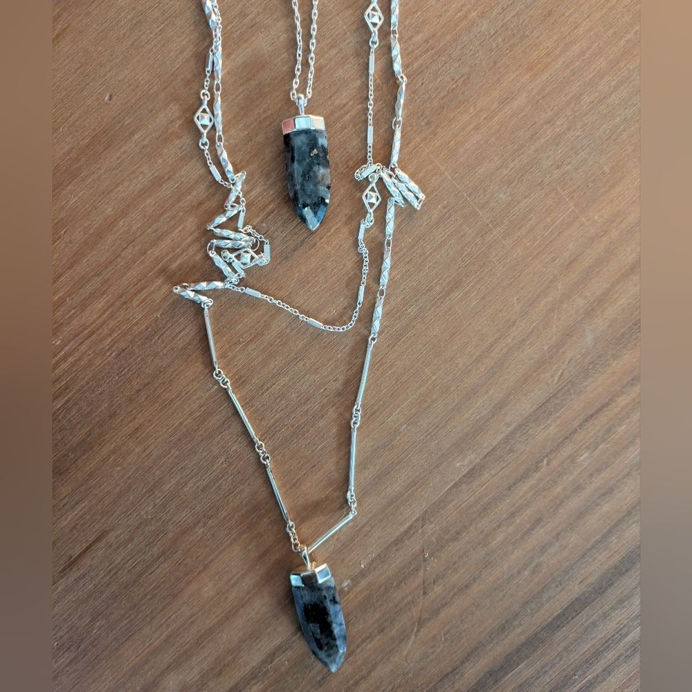 Stella & Dot Aria Silver/Black/Gray Pendant Stone Rock Necklace Triple Tier